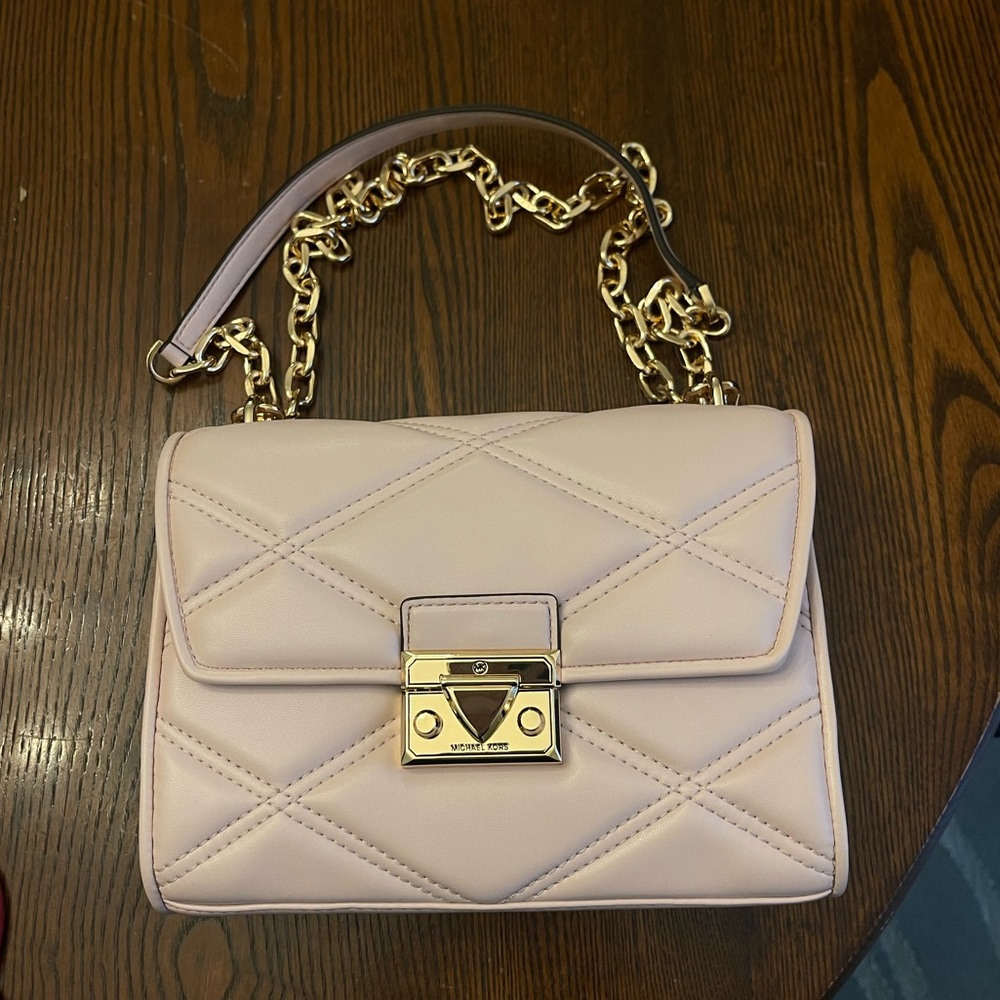 Michael Kors Serena Quilted Medium Flap Shoulder Bag in blush pink